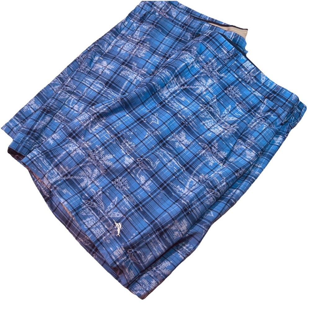 Tommy‎ Bahama Shorts Mens 40 Blue Plaid 8" Tropical Stretch Nylon Marlin Casual